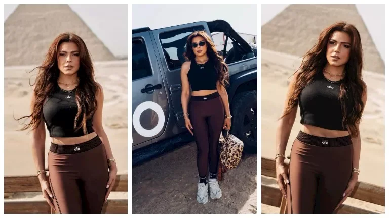 ناهد السباعي تستعرض صورًا جديدة أمام الأهرامات
