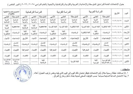التربية تصدر جدول امتحانات الدور الخاص للدراستين المتوسطة والإعدادية