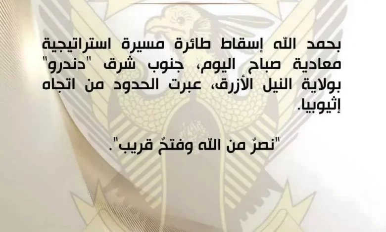 الجيش السوداني يسقط طائرة مسيرة معادية في ولاية النيل الأزرق قادمة من إثيوبيا