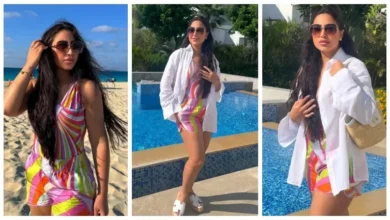 بوسي تستمتع بإجازة الصيف بجانب حمام السباحة على البحر